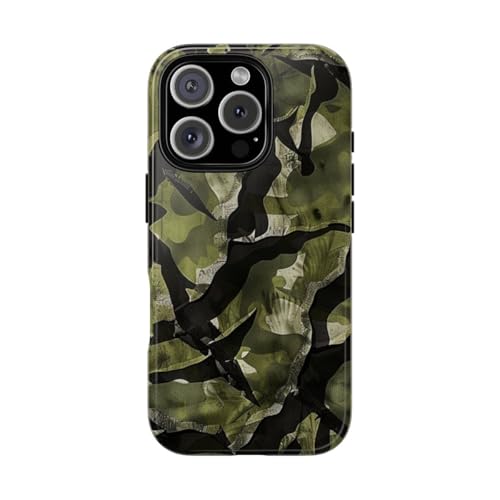 Coque iPhone 16 Pro motif camouflage vert et noir rigide brillante