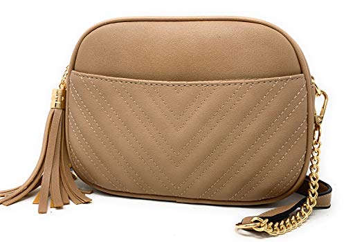 Chevron Quilted Crossbody Shoulder Bag with Tassel accent and Adjustable Strap by lola mae (Taupe)
