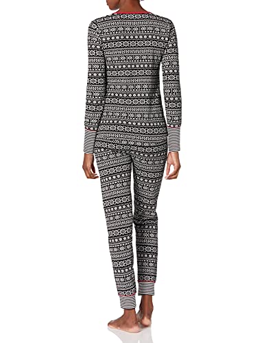 Amazon Brand - Mae Women's Vintage Thermal Henley Long Sleeve Top with Jogger, black fair isle, MEDIUM - Image 3