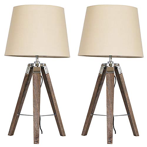 MiniSun | Distressed Wood and Silver Chrome Tripod Table Lamps with Beige Tapered Light Shades | Table Lamps, Home Décor & Improvement Essential | Set of 2 | Includes Bulb [3000K Warm White]