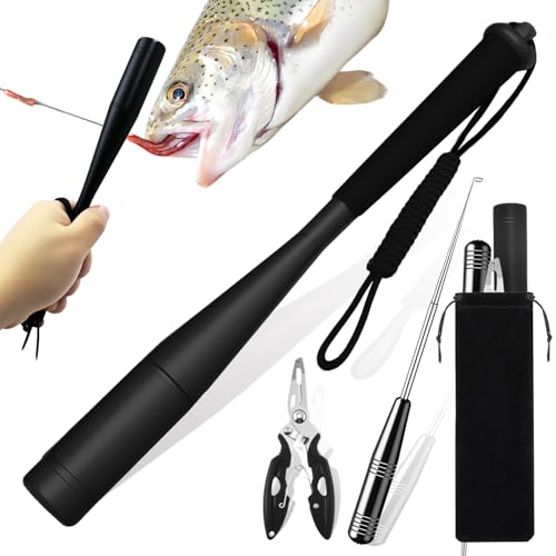 YUJUVI Fischtöter Angelzange 3-teiliges Angelzubehör Hakenlöser Fischbetäuber Set Aluminium Fisch Totschläger Angeln Zange Disgorger Forelle Angel Werkzeug mit Tasche (Schwarz)