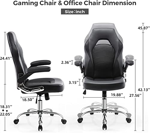 Image of Office Gaming Chair - Ergonomic Computer Desk Chairs with Flip-up Armrest, Executive Swivel Chair, PU Leather, Thick Padding