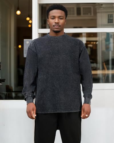 Men's Vintage Acid Wash T-Shirts Heavy Weight Long Sleeve Tshirt Cotton Casual Tee Tops4