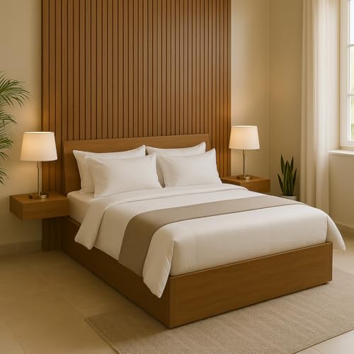 Image of MATTERHORN Engineered Wood Bed in Teak Brown - King Size (L2079 x W1875 x H300 mm) | Platform Bed | Modern Wooden Bed for Bedroom, Durable & Stylish Design (Almond Beige)