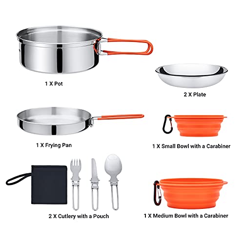 Kingcamp Stainless Steel Camping Cookware Set Open Fire Cookware Backpacking Cooking Mess Kit Lightweight Camping Pots And Pans With Plates And Bowls Kit Hiking Cooking Gear 17 Pcs For 2 Person #TOP1