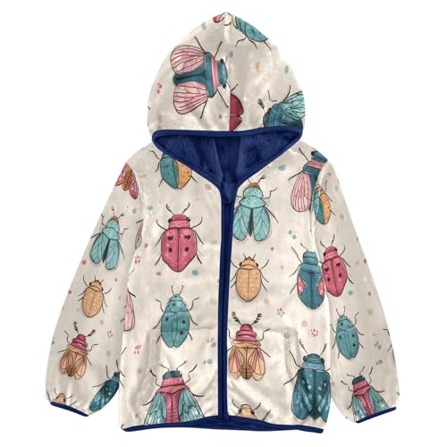 Cute Colorful Bugs Pattern Toddler Fleece Jacket Girl Boys Hooded Fleece Jacket Coat Warm Outwear Zip-up 3-10T