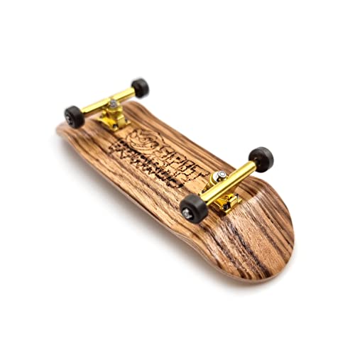 SPITBOARDS® 34 mm Fingerboard Complete Wood Pro Set-Up (Pre-Assembled, 5-Layers), Pro Trucks, CNC Bearing Wheels, Foam Grip Tape, (Deck: Zebra Wood, Trucks: Gold, Wheels: Brown)