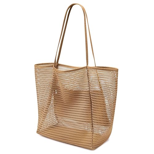 Bekeify Sac de Plage en Maille pour Femme à Bandoulière Unique avec Poche Intérieure Zippée, Grande Courses Famille Pliable, pour Plage, Voyage, Piscine