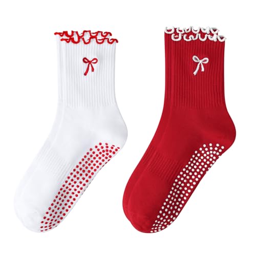 FIYIGO Pilates Yoga Grip Socks for Women Bow-Patterned Ruffled Crew Socks Ideal for Fitness Ballet Bar Work&Dance 2 Pairs-White Red