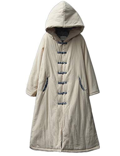 Lzjn Women's Warm Cotton Coat Hooded Contrast Color Handmade Frog Buttons Retro Witch Long Outerwear (Linen, One Size) #TOP1