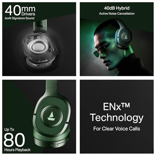 Image of Boat Rockerz Plus 550 ANC, (~40dB) Hybrid ANC, 80Hrs Playback, 40ms Low Latency Beast Mode, 40mm Drivers, BT v5.4, Bluetooth Headphones, Wireless Headphone with Mic (Green Militia)