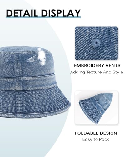 Image of Zylioo Oversized Denim Bucket Hat, XXL XL L M Fisherman Sun Hat with Chin Cord, Washed Jean Packable Summer Travel Hat
