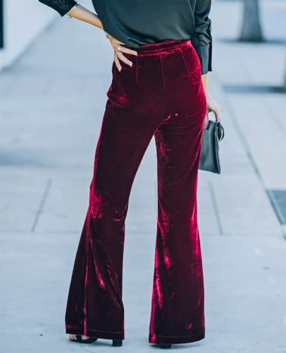 Women Velvet Flare Pants Elastic High Waist Side Zipper Bell Bottom Trousers3