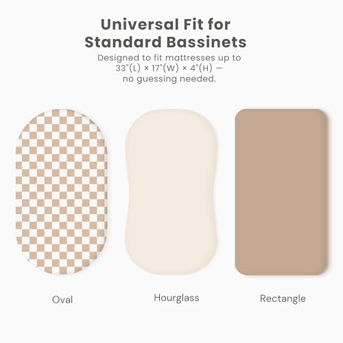 Image of Konssy 3 Pack Stretchy Bassinet Sheets for Baby Girl Boy, Soft Breathable Baby Bassinet Mattress Sheets Fit for Hourglass Oval Cradle, Moses Basket Rectangle Mattress (Coffee Check)
