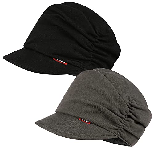 Womens Visor-Brim Beanie Soft-Cancer-Chemo Headwear - Drape Layers Mother Cap Fashion Girl Sleep Hat (Medium, Black + Dark Grey) #TOP24