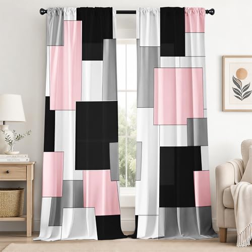 XFLINGBAO Pink and Black Curtains 84 Length for Living Room Modern Pink Black Geometry Curtains Grey Abstract Rod Pocket Curtain for Bedroom Kitchen Girls Room Window Drapes 2 Panels
