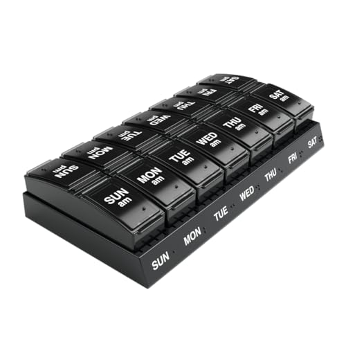 Image of EZY DOSE Weekly, AM /PM Daily Pill Organizer, 7-Day Medicine Planner, Vitamin Container, Small Pop-Out Compartments, 2 Times a Day Pill Holder, Black, Travel-Friendly, BPA Free