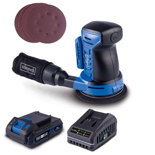 Scheppach Akku Exzenterschleifer C-OBS125-X | SchleiftellerØ 125mm | Schwingkreis 2mm | Schwingzahl max 24000min-1 | Softstart & Zubehör | 20V-IXES-Serie | 10 Jahre Garantie | mit 2Ah Akku & Ladegerät