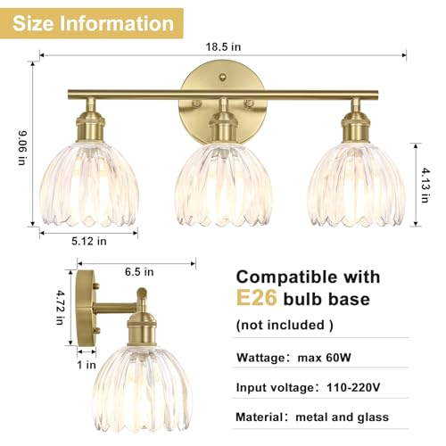 Image of Vintage Bathroom Light fixtures, Gold Vanity Lights, ETL Certified | 18.5 in, Clear Tulip Glass Shade, Hardwired Bathroom Vanity Light, E26 Socket, Bulbs Not Included