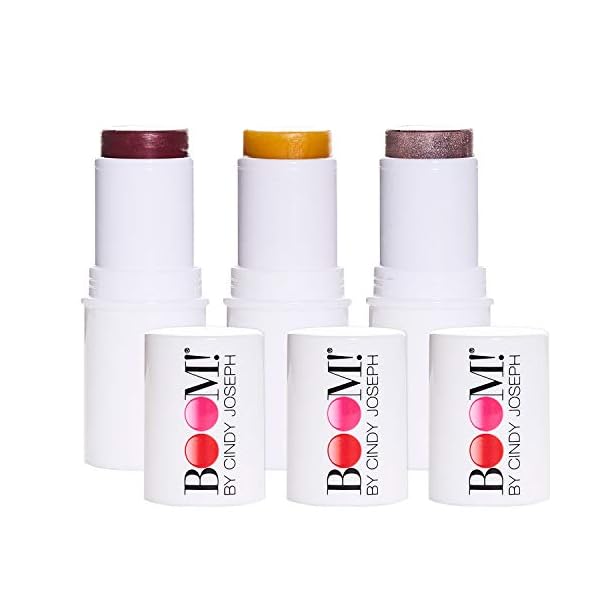 BOOM! by Cindy Joseph Boomstick Trio - 3 Pack Boom Makeup Sticks - Blush Stick in Berry, Highlighter Stick & Moisturizer Stick - Multi-Use Vegan Makeup Sticks for Older Women & Mature Skin