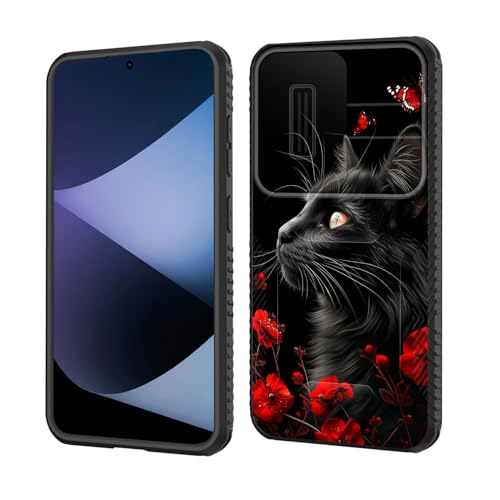 wiaekosef for Galaxy S24 Case Built in Slide Camera Lens Cover,Heavy Duty Shockproof Protection Dual Layer Case for Samsung Galaxy S24 6.2 inch 2024,Black Cat Flowers and Butterflies