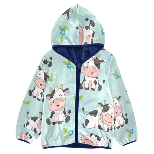 Cute Cow Pattern Prints Toddler Fleece Jacket Girl Boys Hooded Fleece Jacket Coat Warm Outwear Zip-up 3-10T