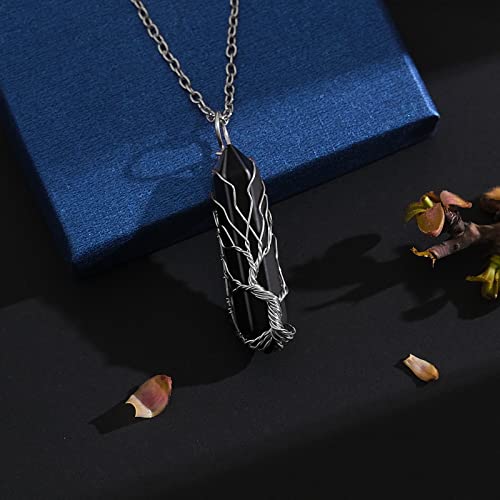 Vibilia HCN01-SMS-BLACK AGATE-SILVER Healing Crystal Necklace Tree Of Life Wire Wrapped Natural Black Agate Stone Point Pendant Necklace Hexagonal Reiki Spiritual Quartz Gemstone Jewelry For Women Men thumb #3