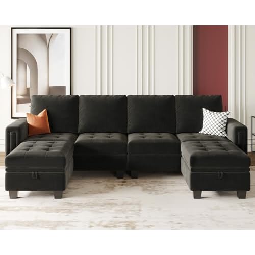 Belffin Velvet U Shaped Sectional Sofa Couch with Storage Ottoman Convertibel Sectional Sofa with Reversible Chaises Grey
