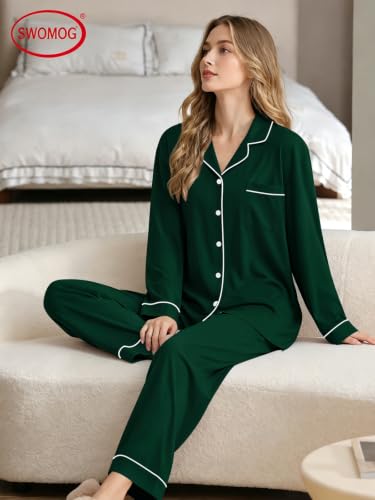 Image of SWOMOG Womens Pajamas Set Long Sleeve Sleepwear Button Down Nightwear Soft Cotton Pj Lounge Sets