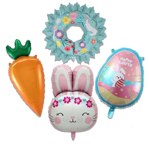Carrot Balloon Easter Foil Balloons Easter Egg Wreath Bunny Balloon for Bunny Themed Party Decoration Supplies Rabbit Birthday Decoration Decor Ballons Arch Kits Party Balloons Set 4pcs