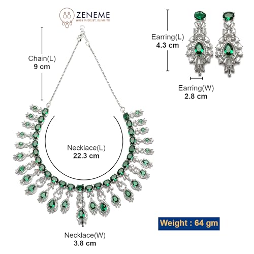 Image of ZENEME Rhodium-Plated American Diamond Studded Oval & Teardrop Shaped Necklace With Earrings Jewellery Set For Girls and Women