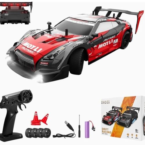 Image of High Speed RC Drift Car 20 KM /Hr 1:24 Scale 4WD Remote Control Racing Vehicle with LED Lights, Drift Wheels, Rechargeable Battery & Track Cones for Kids & Adults (Red)