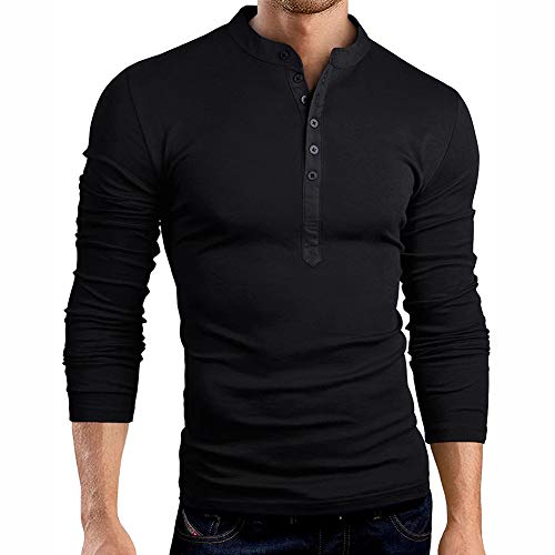 Mens Casual Tops Henley Shirts Slim Fit V Neck Long Sleeve Muscle Tee T-Shirt M-XXL (Black,L)