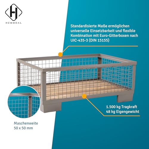 HEMMDAL Industrie-Gitterbox mit 4 festen Wänden | 1.500 kg Tragkraft | HxBxT 50 x 124 x 83,5 cm | Grau | 5 x 5 cm Maschenweite | aus Stahl | niedrige Bauart | stapelbar | Gitterbehälter