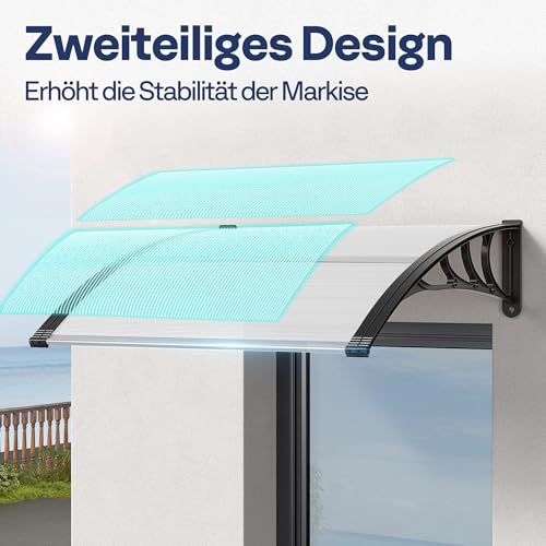 VIVOHOME Vordach für Haustür Fenster Markise 200×100cm Polycarbonat gespleißte Überdachung transparent Pultbogenvordach mit schwarzer Halterung für Sonnenschutz und Regenschutz