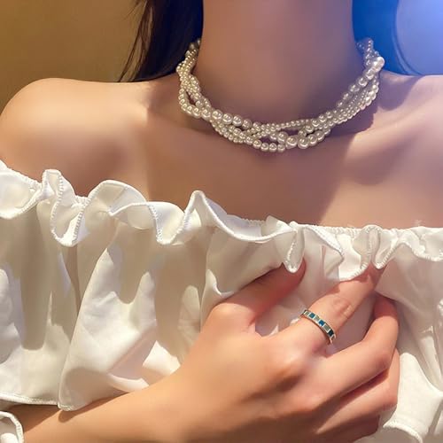 Faux Pearl Twisted Necklace Pearl Cluster Choker Necklace Multi strand Imitation Pearl Necklace Chunky Statement Necklace for Women3