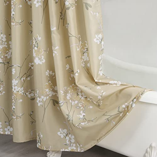 Mvsuta Silk Flowers Gold Fabric Plum Blossom Taupe Printed Floral Shower Curtain,Farmhouse Waterproof Yellow Polyester Tan Bathroom Curtains,72" W X 72" H #TOP4