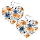 Blaue und orangefarbene Blumen auf weißem Hintergrund, Leder-Ohrringe für Damen, Herz-Ohrringe, leicht, baumelnde Ohrringe, Schmuck-Geschenke