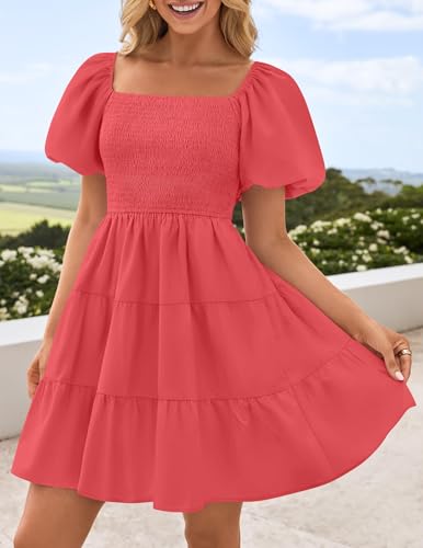 Image of ZESICA Women's Boho 2026 Summer Square Neck Puff Sleeve Off Shoulder Smocked Tiered Casual A Line Short Mini Dress