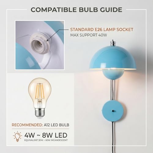 Image of COSYLUX Mid-Century Modern Bud Plug in Wall Sconces for Bedroom, Turquoise | Indirect lighting reading wall lamp, all-metal construction, plug-in or hardwired install, fits bedroom bedside, living room