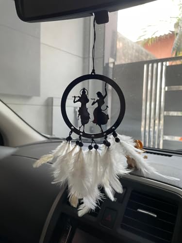 Image of CASSARINA Handmade Dream Catcher Car Ornament - Stylish Rear View Mirror Hanging Accessory - Elegant Car Interior Decoration - Good Luck & Positive Energy Charm (1, Radha Krishna)