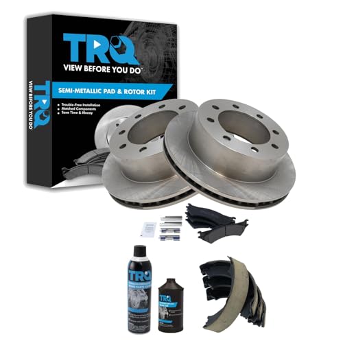 Image of TRQ Rear Brake Pad & Rotor Kit, with Chemical Kit Parking Brake Shoe Set Semi-Metallic Compatible with 2003-2004 Ford E-250 1999-2002 E-250 Econoline