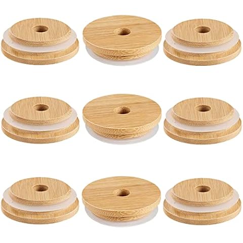 DOERDO 9pcs 70MM Bamboo Jar Lids with Straw Hole Reusable Bamboo Mason Jar Lid Drinking Storage Lid Leak-Proof Lids for Mason Jar Cover