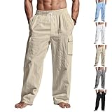 Khaki Linen Cargo Pants for Men Summer Casual Elastic Waist Pants with Pockets Boho Beach Yoga Pant Loose Fit Travel Pant Straight Fit Lounge Trouser Lightweight Comfy Cotton Linen Trouser