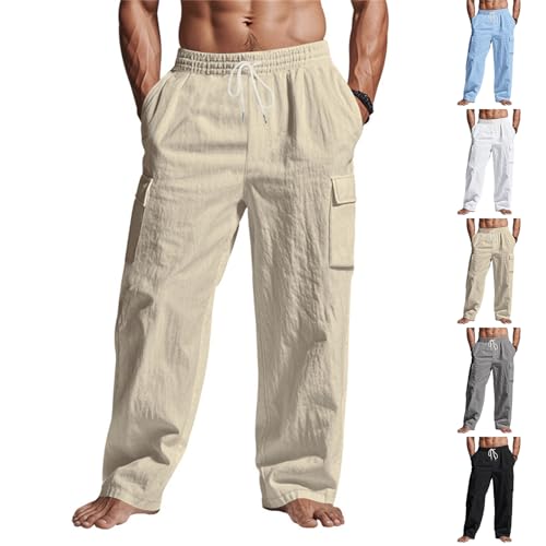 Khaki Linen Cargo Pants for Men Summer Casual Elastic Waist Pants with Pockets Boho Beach Yoga Pants Loose Fit Travel Pants Straight Fit Lounge Pants Lightweight Linen Pants Comfy Cotton Linen Trouser