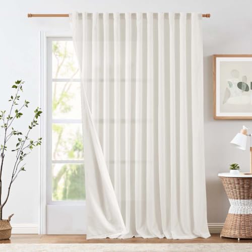 Image of jinchan Lined Linen Curtains Extra Wide Back Tab 100x90 Inch 1 Panel White