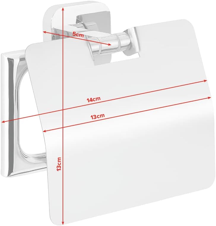 tesa ELEGAANT Toilet Paper Holder with lid – Toilet roll Hanger – Chrome Metal high Gloss – self-Adhesive – 135 mm x 132 mm x 48 mm