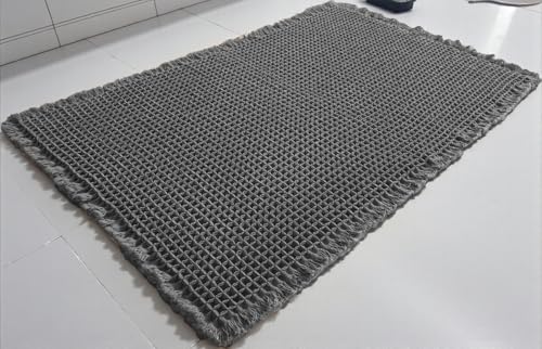 SHIMOH Waffle Bath Mat Non Slip, Super Absorbent Quick Dry Bath Rug, Soft Microfiber Rubber Backed, Machine Washable Low Profile Floor Mat for Shower, Tub, Sink, Boho Farmhouse (Dark Gray, 24" X 36")