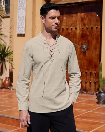 YAOHUOLE Linen Shirt Men Classic Medieval Lace Up Long Sleeve Retro Viking Tops Pirate Costume Scottish Ghillie Shirt