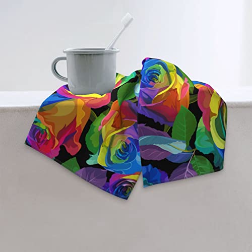 Ouzpgaq Rainbow Roses Hand Towels, Colorful Floral Flowers Guest Towel, Printed Decorative Bathroom Kitchen Towels, Highly Absorbent Multipurpose Towels For Yoga Gym Spa Hotel, 12" X 27.5" #TOP5